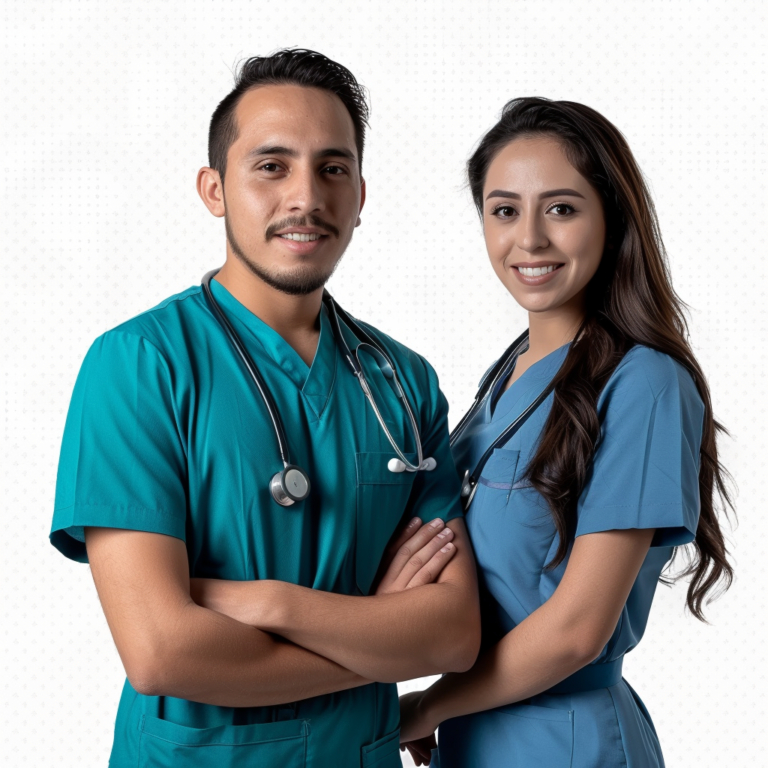 Dos profesionales de la salud, un hombre y una mujer, de pie juntos y sonriendo con confianza, el hombre lleva un uniforme de quirófano verde con un estetoscopio alrededor del cuello, y la mujer lleva un uniforme de quirófano azul, también con un estetoscopio, en un fondo claro, para la sección Personal Médico Altamente Calificado de Servicios Médicos Escolares de Querétaro.