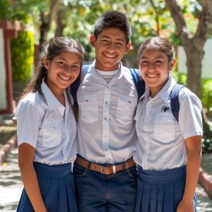 Tres estudiantes sonrientes, dos niñas y un niño, juntos al aire libre en un entorno escolar, usando uniformes escolares con camisas blancas y faldas azules para las niñas y camisa blanca con pantalones azules para el niño, mostrando camaradería y felicidad, para la sección Mejora de la Salud Estudiantil de Servicios Médicos Escolares de Querétaro.