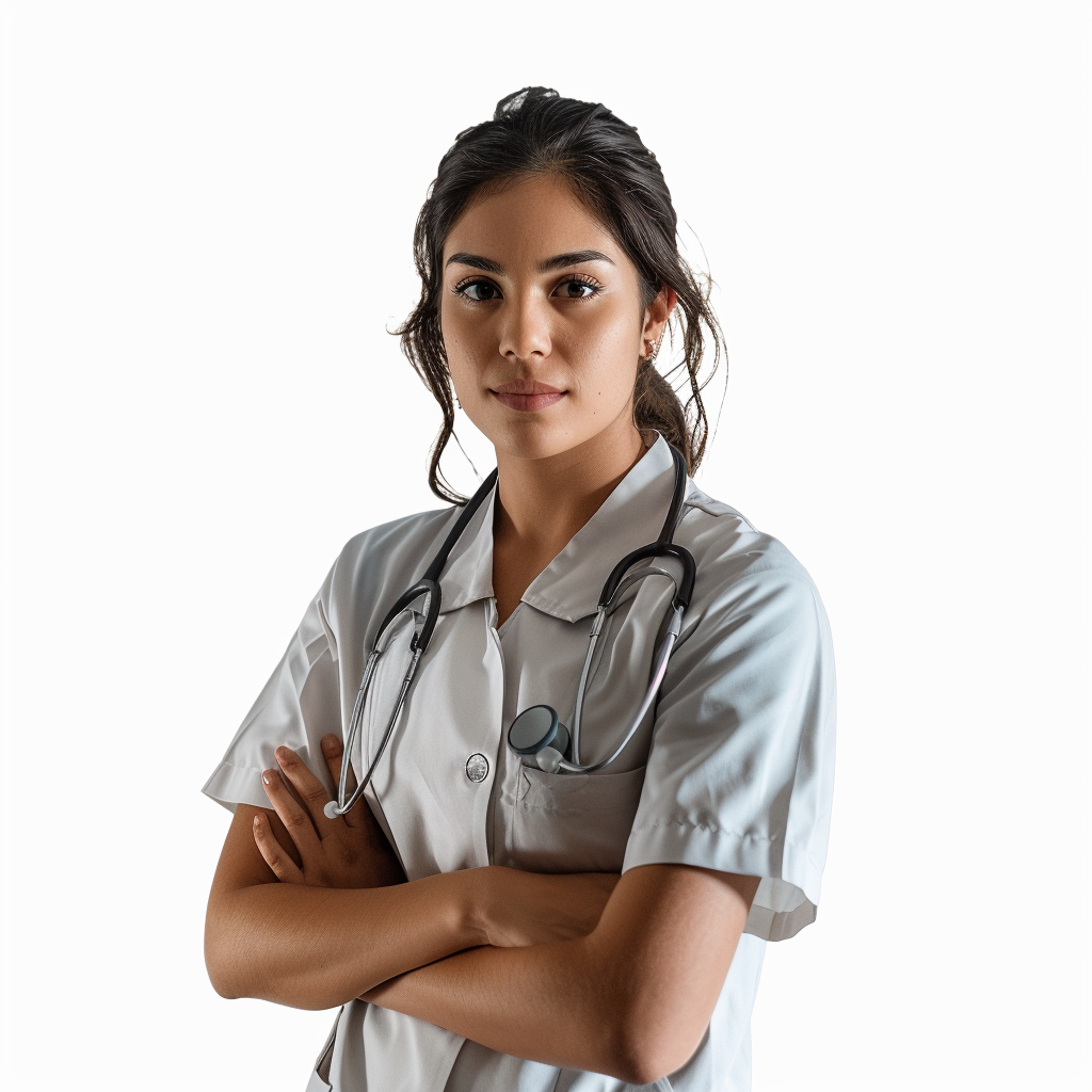 Profesional de la salud femenina, con cabello oscuro recogido, usando un uniforme médico claro y un estetoscopio, de pie con los brazos cruzados, para la sección de Personal Médico Altamente Calificado de Servicios Médicos Escolares de Querétaro.