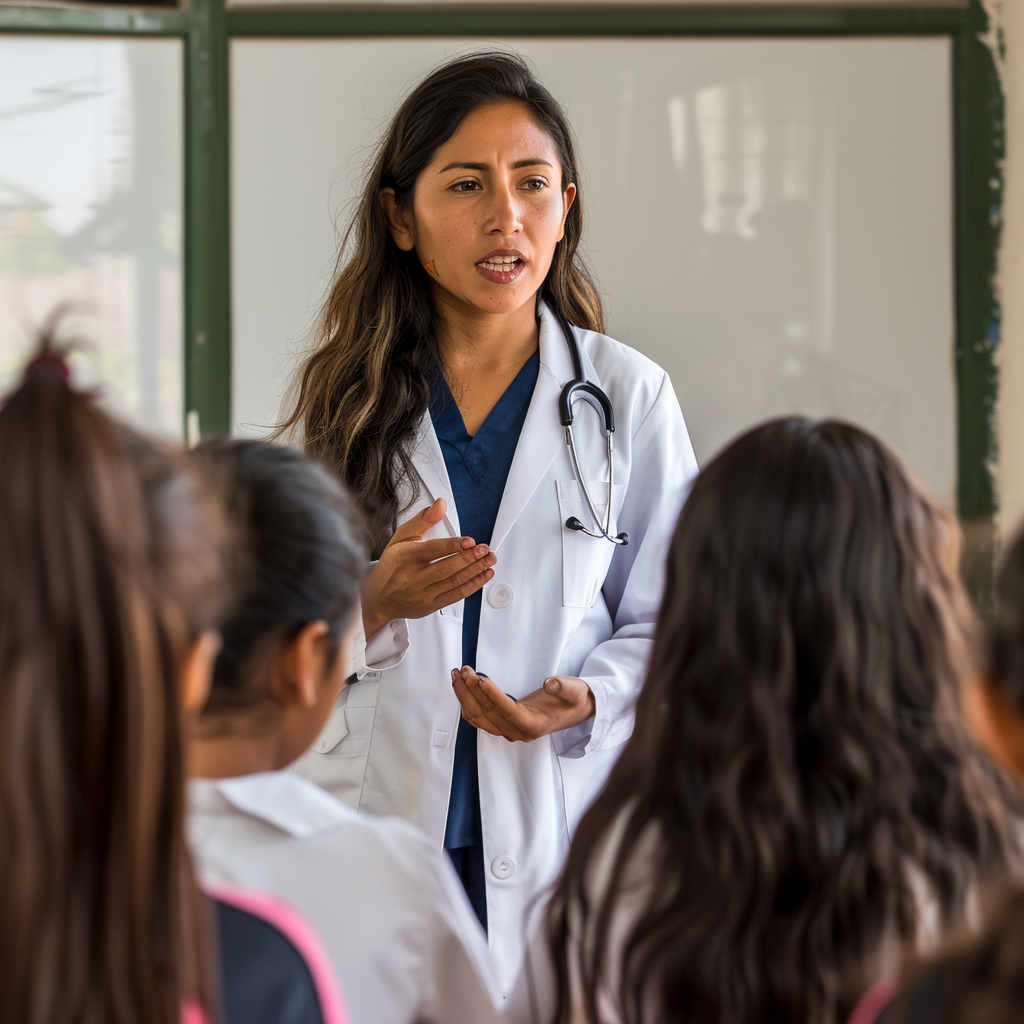 Profesional de la salud femenina dando una plática educativa a un grupo de estudiantes, usando una bata blanca y un estetoscopio, en un aula, para la sección de Pláticas y Cursos Educativos de Servicios Médicos Escolares de Querétaro.