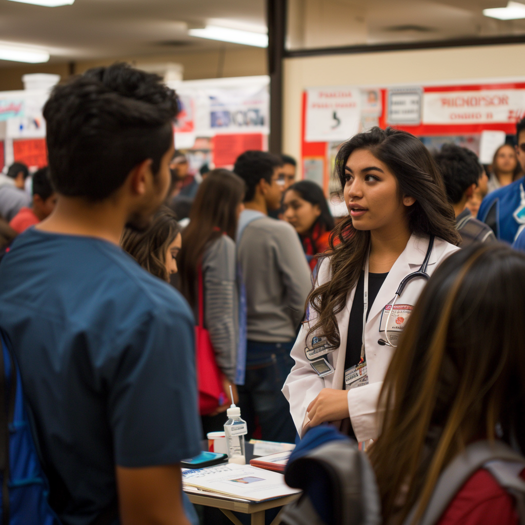 Profesional de la salud femenina interactuando con estudiantes durante la Semana de la Salud, usando una bata blanca y estetoscopio, en una feria de salud con carteles informativos y puestos en el fondo, para la sección Semana de la Salud de Servicios Médicos Escolares de Querétaro.